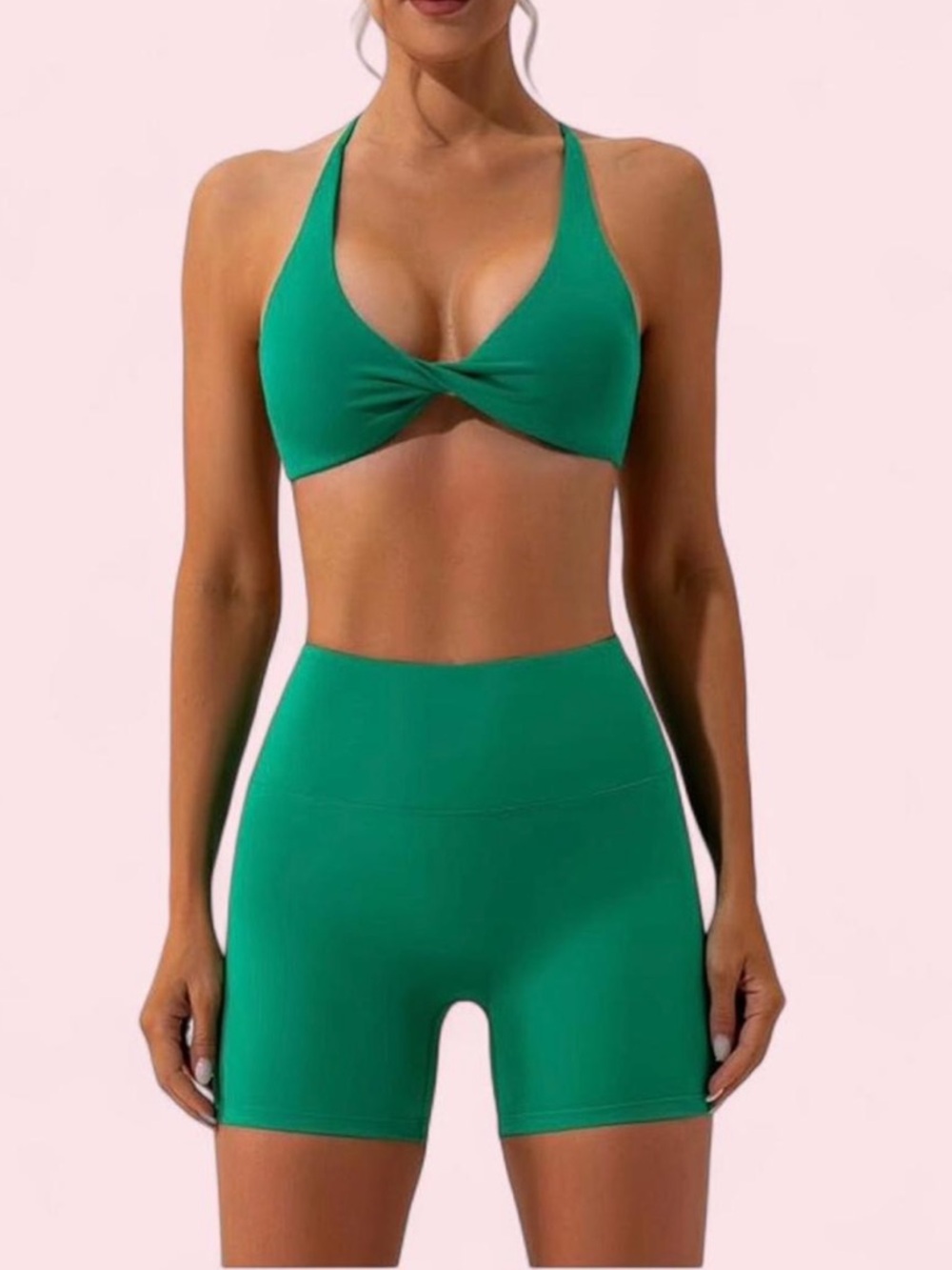 Amazon Green Twist-Front Bralette with High-Waist Athletic Shorts